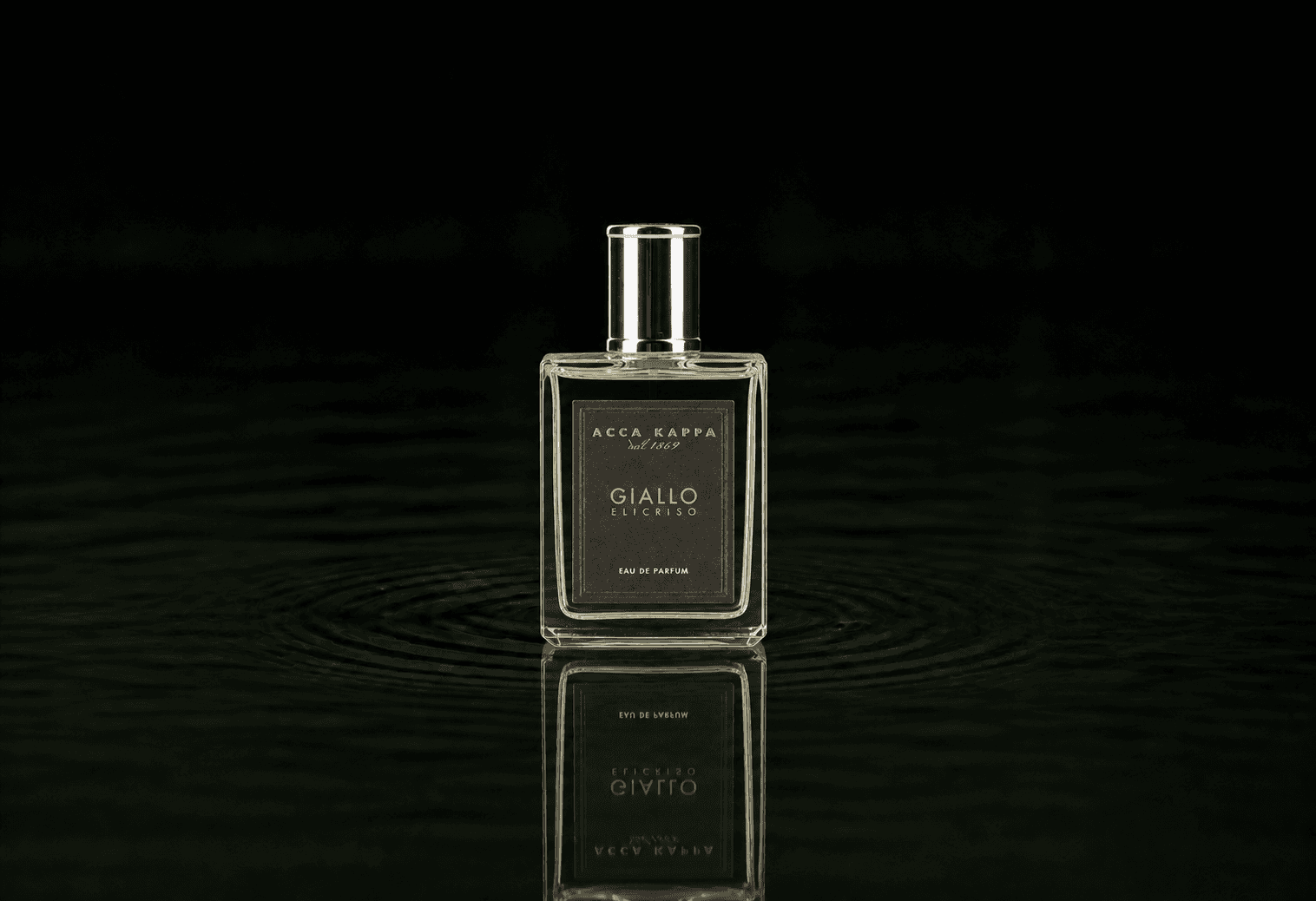 Acca Kappa Giallo Elicriso fragrance bottle floating above dark water